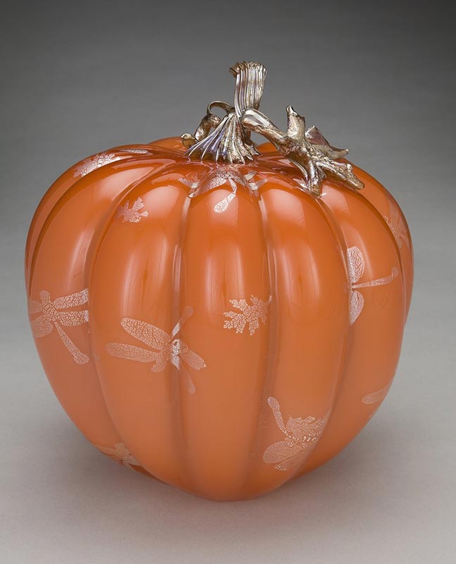 Silkwood Glass apricot pumpkin with silver dragonflies